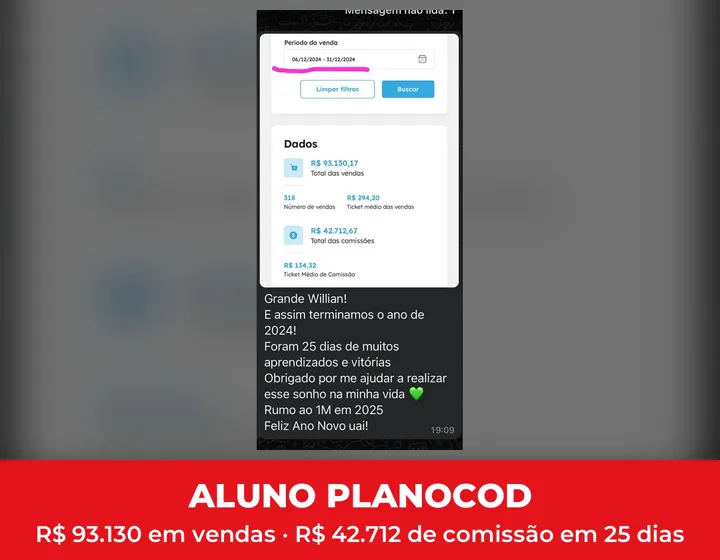 Aluno PlanoCOD com R$93.130 em vendas